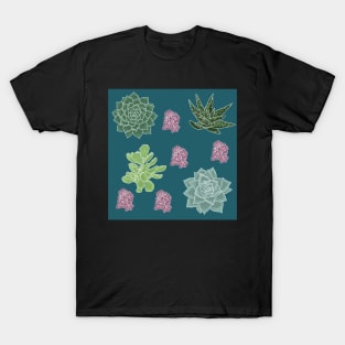 Succulent Pattern Teal with White Lines T-Shirt